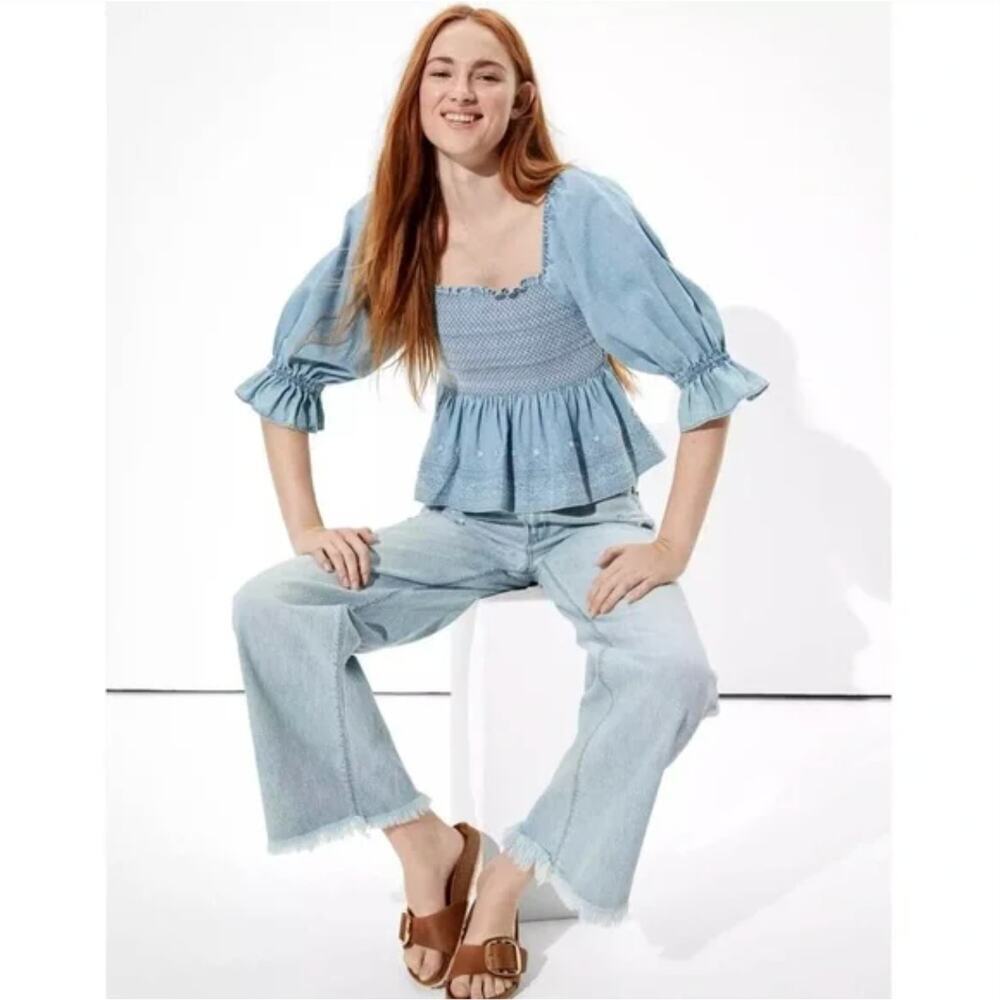 American Eagle Embroidered Smocked Denim Top Size XS